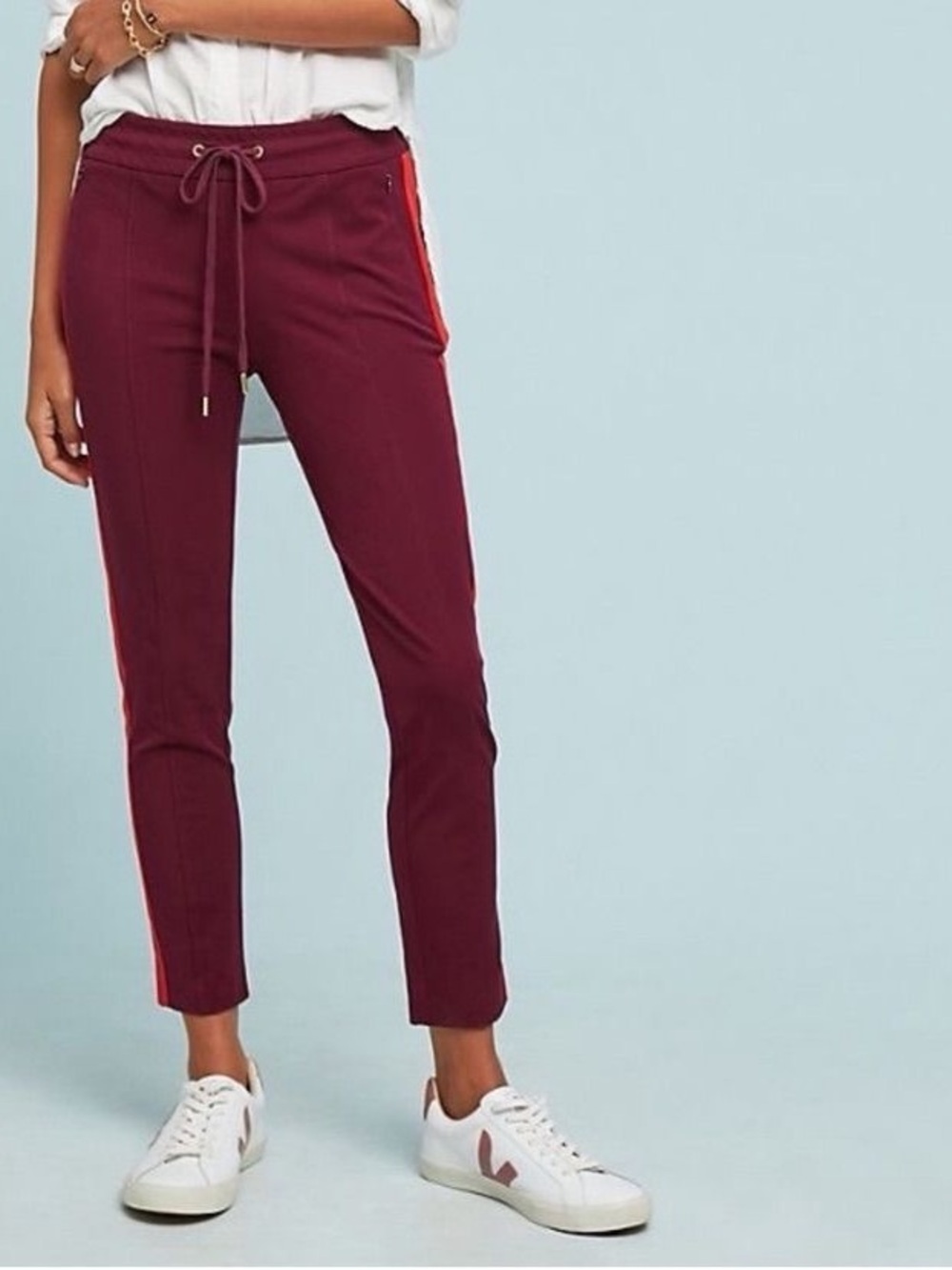 Anthropologie Burgundy Skinny Pants Red Side Stripe - Size 10 - Picture 2 of 14